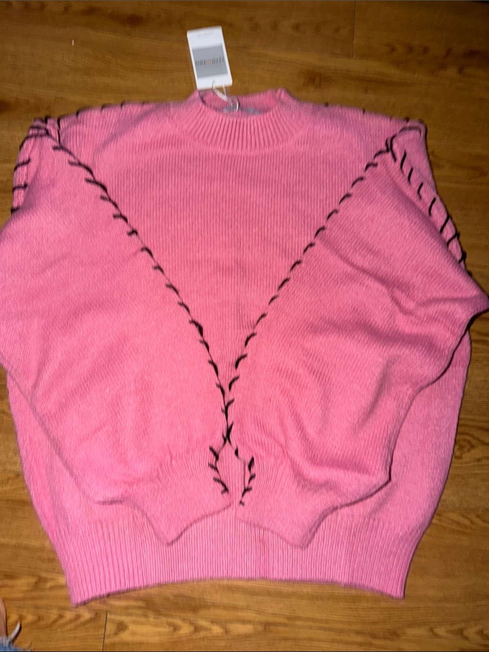 Alexis Pink Crewneck Sweater with Black Contrast Stitching